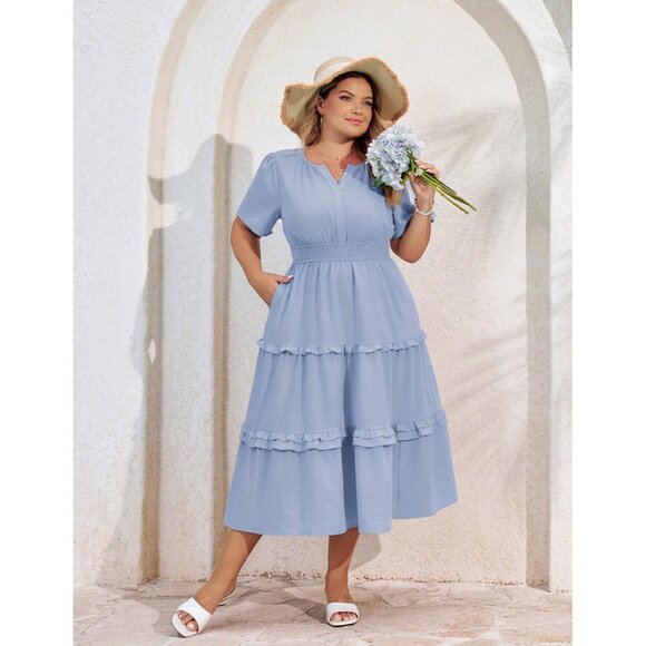 Women's Plus Size Summer Casual Dress V Neck Tiered Pockets Flowy - Picture 2 of 7